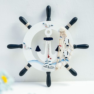 Mô hình bánh lái trang trí mỏ neo và nhiệt kế size 32cm - Decor đồ trang trí theo phong cách biển Địa Trung Hải