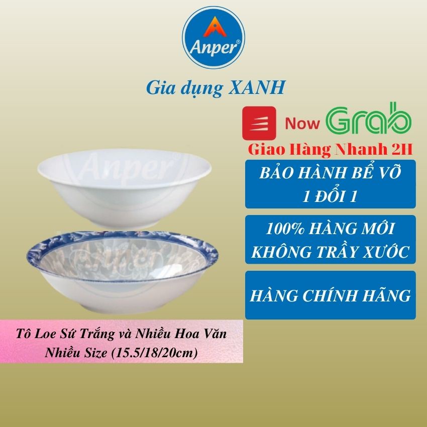 Combo 2 tô sứ 3 bát sứ ANPER dày size 15 18 20 cm ăn cơm gia đình và nhà hàng sang trọng an toàn