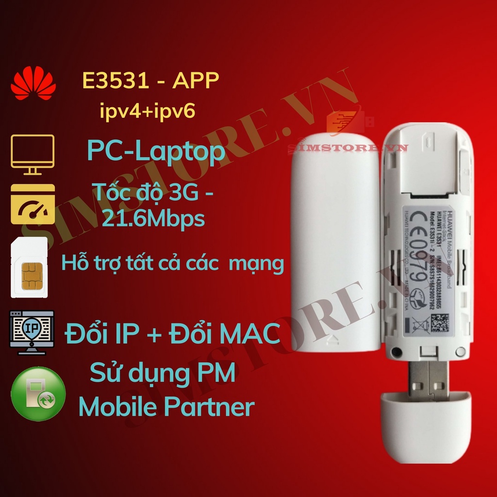 Usb Dcom 3G Huawei E3531 có ipv4 và ipv6 , USB 3G đổi ip tốt nhất