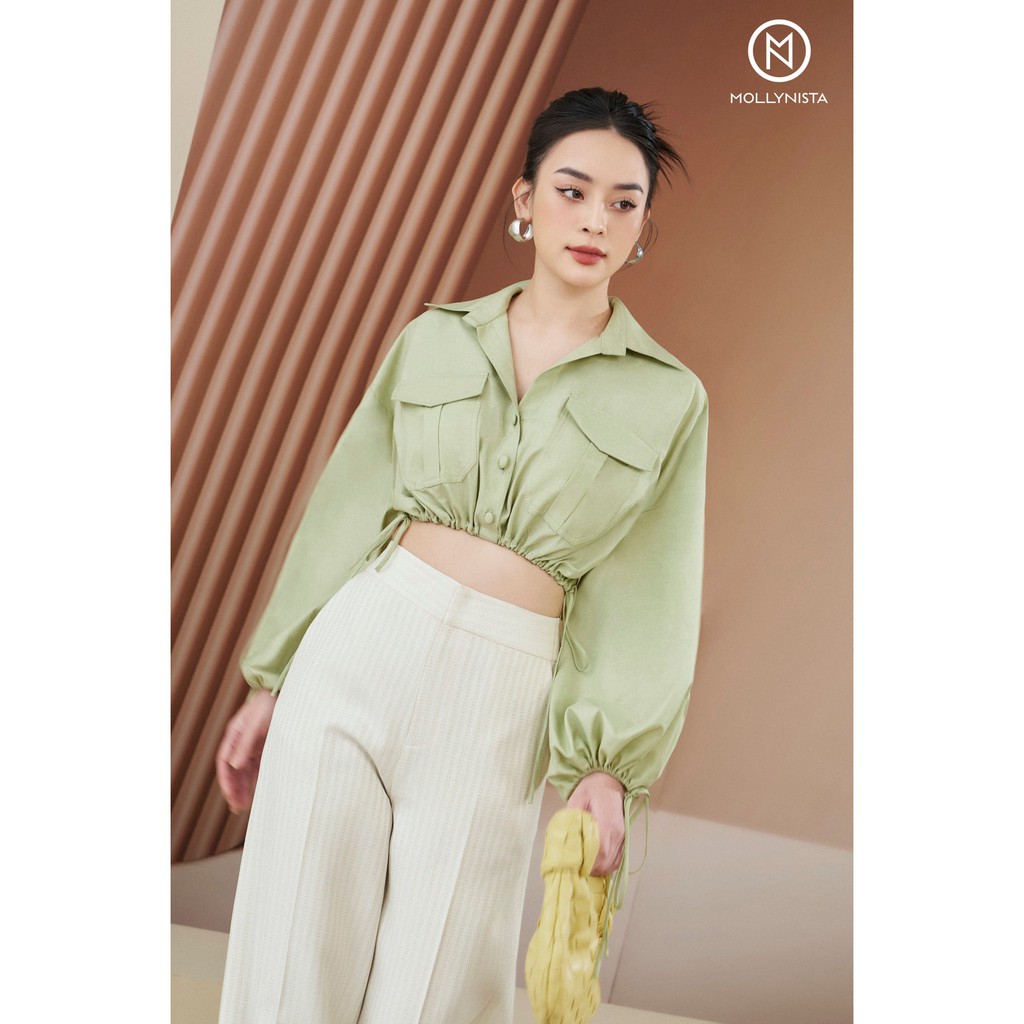 MOLLYNISTA - Áo Tiana sơ mi xanh mint rút nhúm lai quyến rũ nữ tính thiết kế cao cấp đi chơi đi tiệc gợi cảm