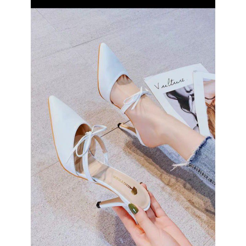 Giày sục cao gót chính hãng BIGTREE quai ngang cột nơ màu đỏ tươi 7cm size 37-38