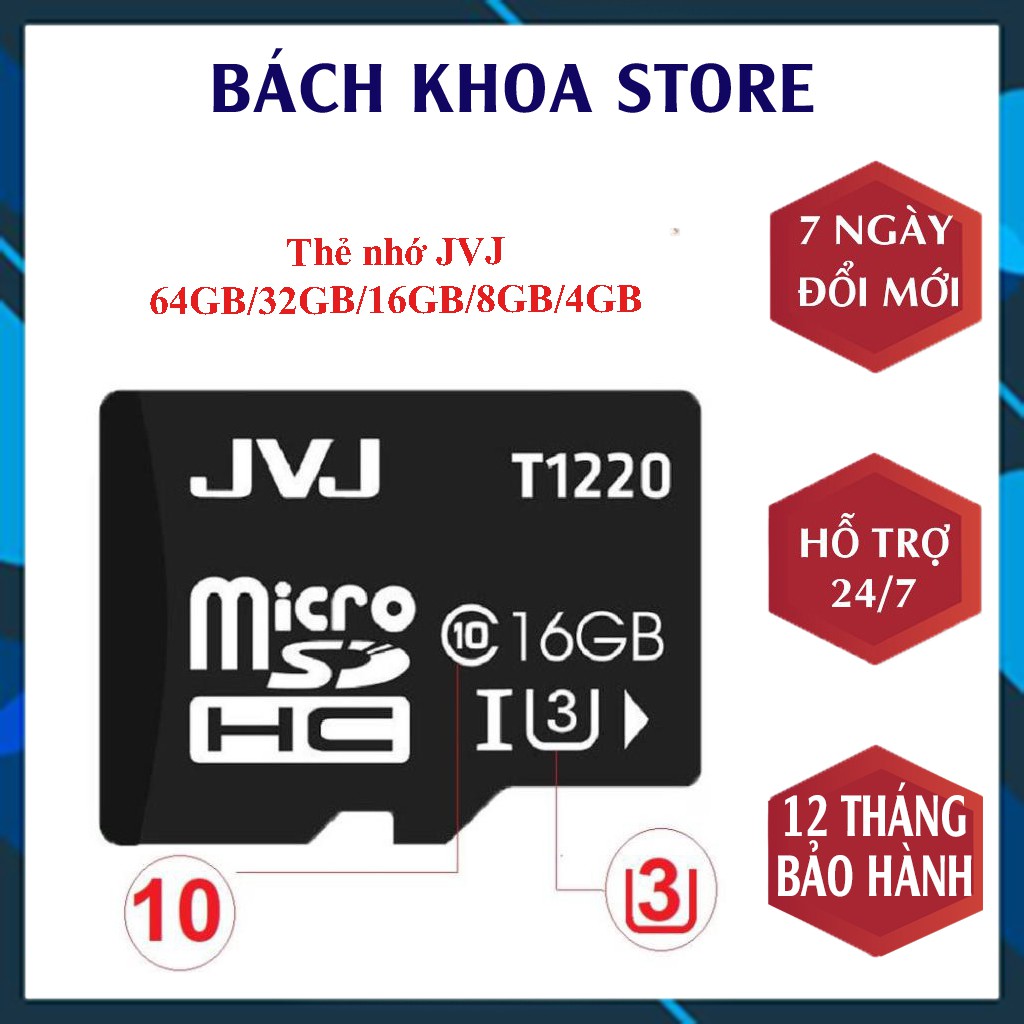 Thẻ nhớ JVJ 8GB/16GB/32GB/64GB U3 Class 10 Tốc độ cao 95Mb/s - 140Mb/s, Chuyên Dùng Cho Camera, Điện Thoại, BH 2 năm