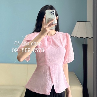 Áo peplum tơ xước cổ nơ