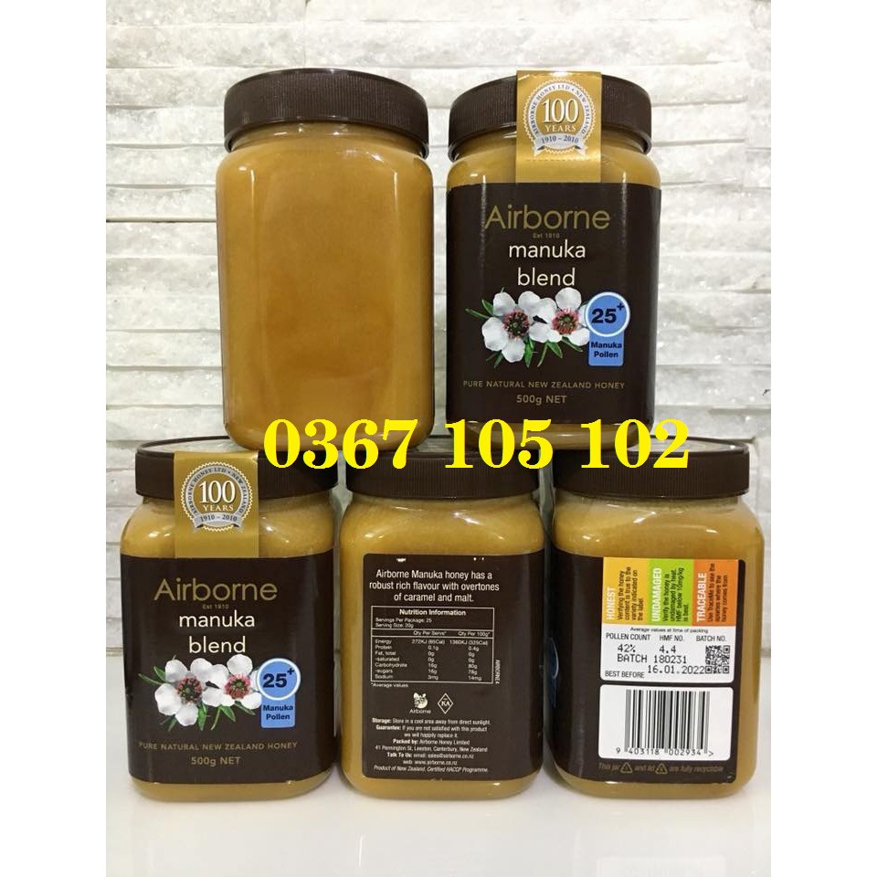 Mật Ong Airborne Manuka 25+ 500gr Hàng Xách Tay Úc HSD 2022