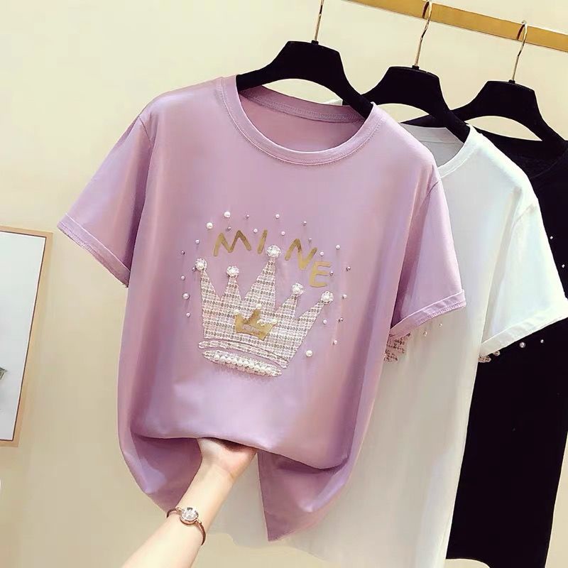 Áo thun cotton tay ngắn dáng rộng in hình đính hạt thời trang mùa hè phong cách Hàn Quốc 2022