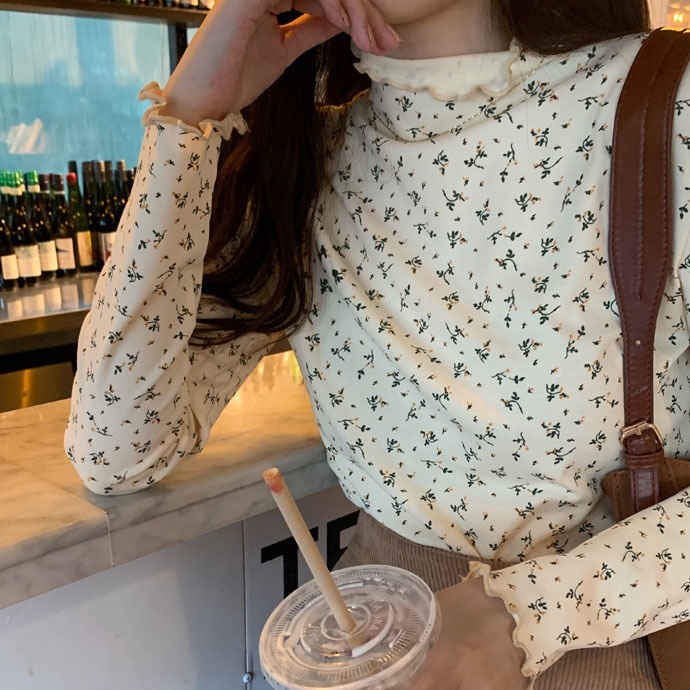Áo Sơ Mi Cổ Cao In Hoa Phối Bèo Kiểu Hàn Quốc Thanh Lịch
