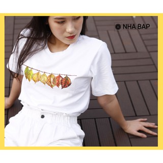 NHABAP Áo thun nữ tay ngắn unisex thun cotton không cổ LÁ MÙA THU VẼ HANDMADE (màu TRẮNG) đủ size cho khách chọn