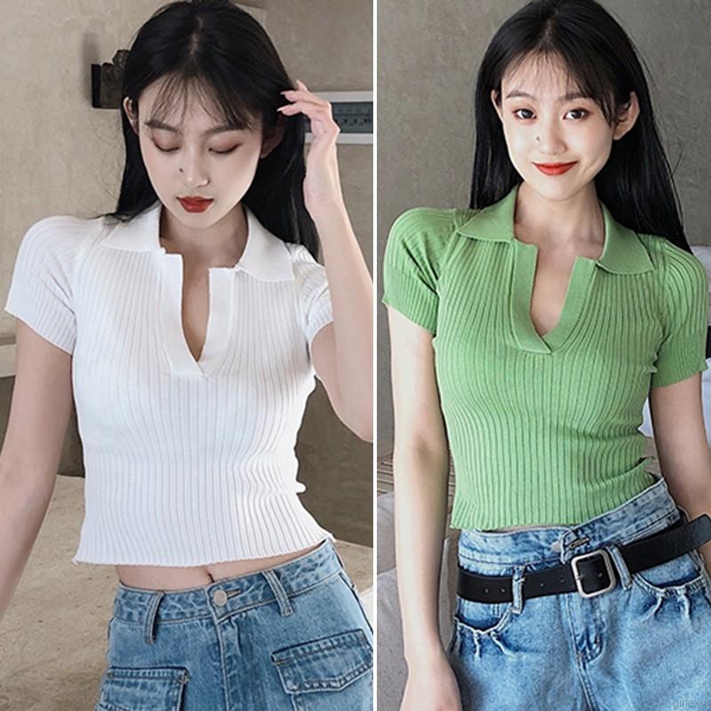 Áo Dệt Kim Tay Ngắn Cổ Bẻ Màu Trơn Phong Cách Retro Hàn Quốc