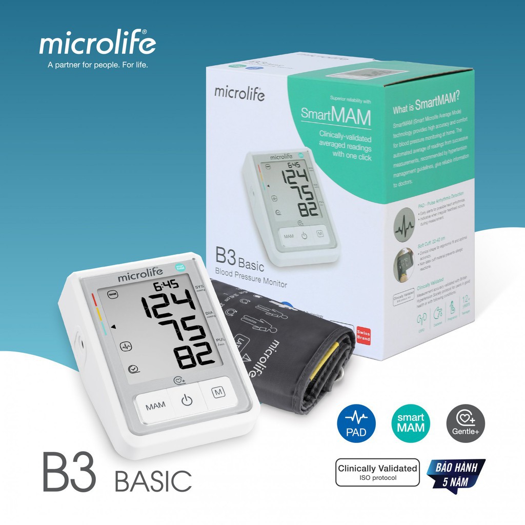 Máy đo huyết áp, máy đo huyết áp điện tử bắp tay MICROLIFE B3 Basic cảnh báo rối loạn nhịp tim bảo hành 60 tháng