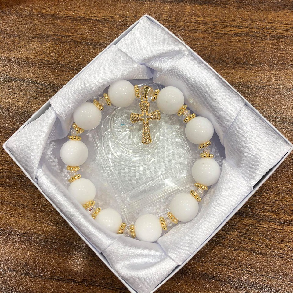 Vòng Tay, Chuỗi Mân Côi MN Màu Trắng Mix Thánh Giá Bạc Thái Mạ Vàng