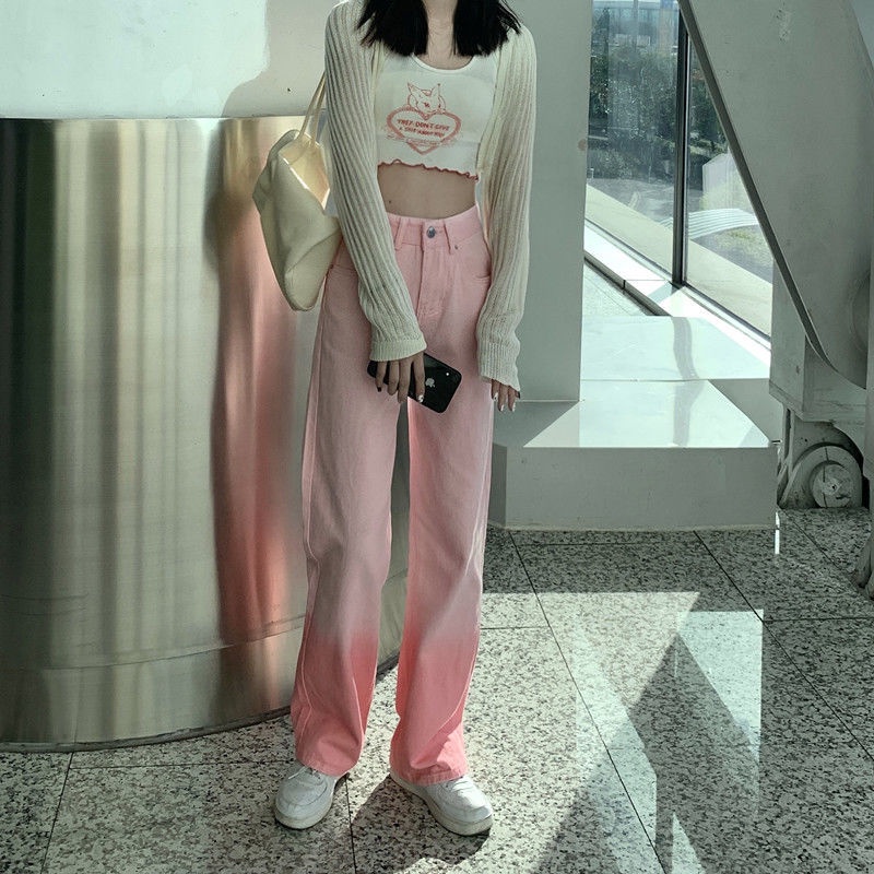 Quần Jean Ống Rộng Lưng Cao Màu Hồng Gradient Thiết Kế Mới Thời Trang Mùa Xuân Dành Cho Nữ