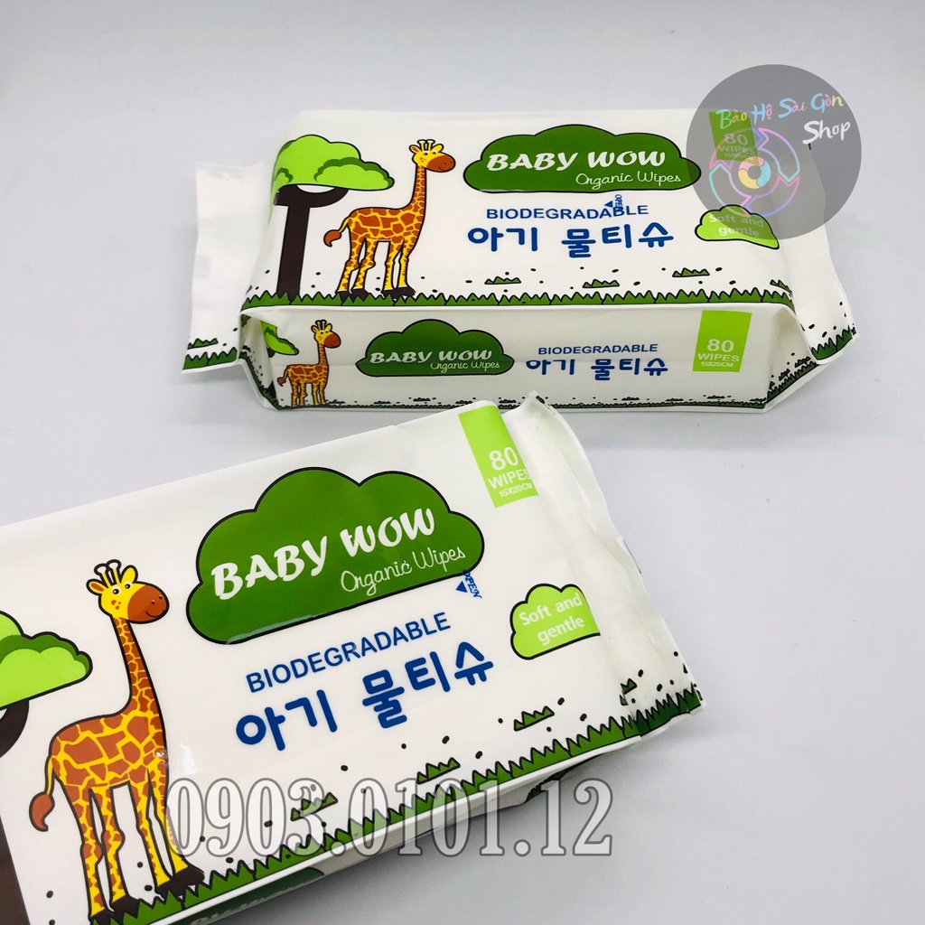 Khăn ướt bột gỗ hàn quốc Baby Wow chính hãng, Khăn ướt cho bé (bịch 80 tờ)