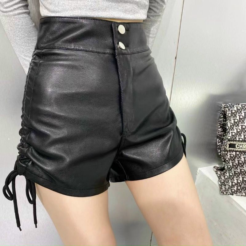 Quần sóc da 2 cúc dây rút sườn cạp siêu cao