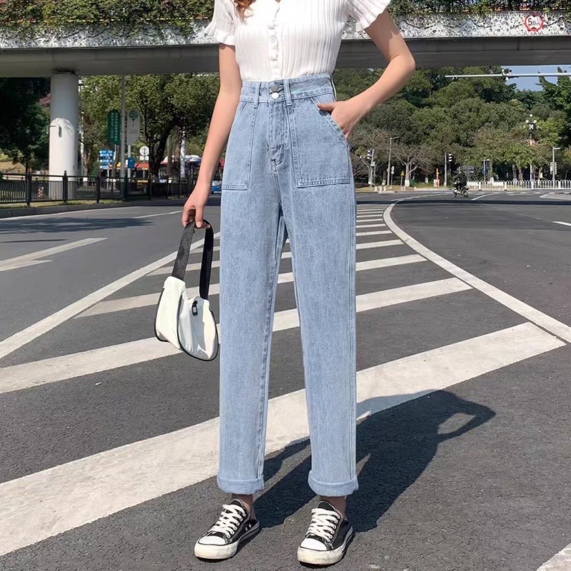 Quần bò nữ - quần jeans ống rộng lưng cao, vải bò dày đẹp , không giãn ,dáng suông
