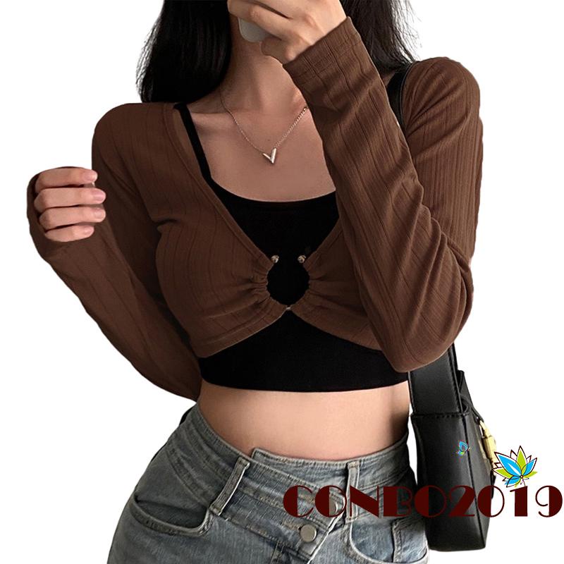 Set Đồ 2 Món Gồm Áo Croptop Hai Dây Màu Trơn + Áo Tay Dài Cổ Chữ U Sâu Gợi Cảm Cho Nữ