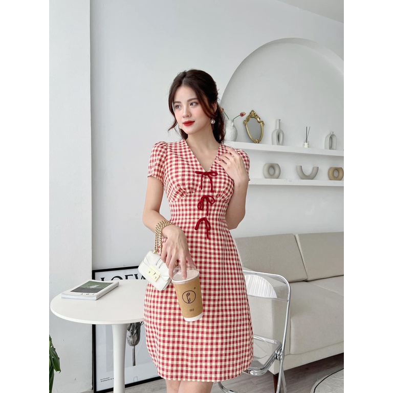 (Free Ship) MẪU MỚI ĐẦM CARO CÔNG SỞ PHỐI DÂY NƠ NGỰC CỔ TIM TRẺ TRUNG TINH TẾ SANG TRỌNG h.h.p