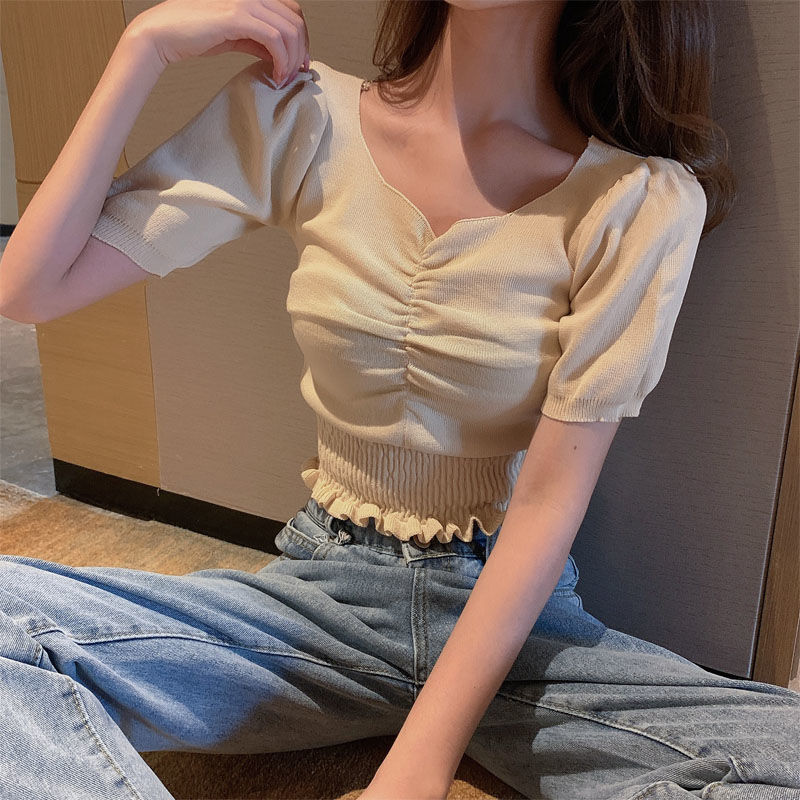 Áo thun BH dệt kim ngắn tay kiểu Hàn Quốc xinh xắn dành cho nữ