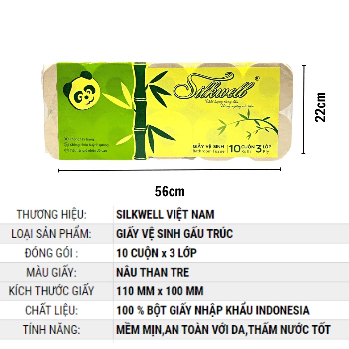 Giấy vệ sinh gấu trúc Silkwell 10 cuộn 3 lớp có lõi, giấy vệ sinh không tẩy trắng, an toàn hàng chính hãng