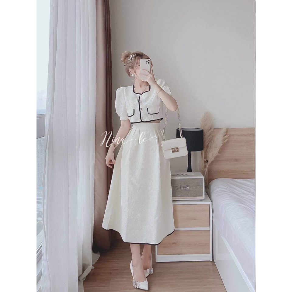 Set Đồ Nữ Xinh ⚡𝙎𝙄𝙀̂𝙐 𝙎𝘼𝙇𝙀⚡ Set Bộ Áo Viền Né Tay Ngắn Cài Nút Kèm Chân Váy Dài Dáng Xòe - 80226