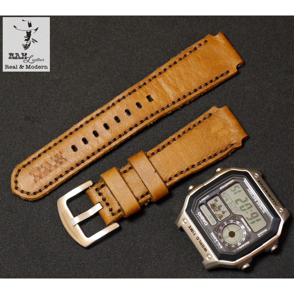 Dây đồng hồ RAM Leather 1989 cho CASIO 1200, AE 1200, 1300, 1100, A159 , A168 , Size 18 da bê vàng nâu