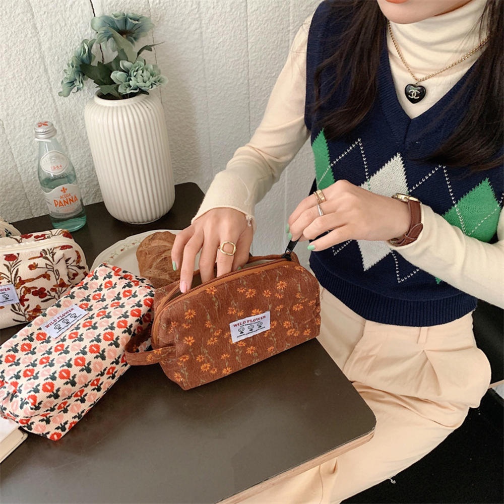 Túi Đựng Bút Chì/ Đồ Trang Điểm Bằng Vải Nhung Kẻ Sọc Caro Và Hoa Thời Trang Hàn Quốc Cho Nữ