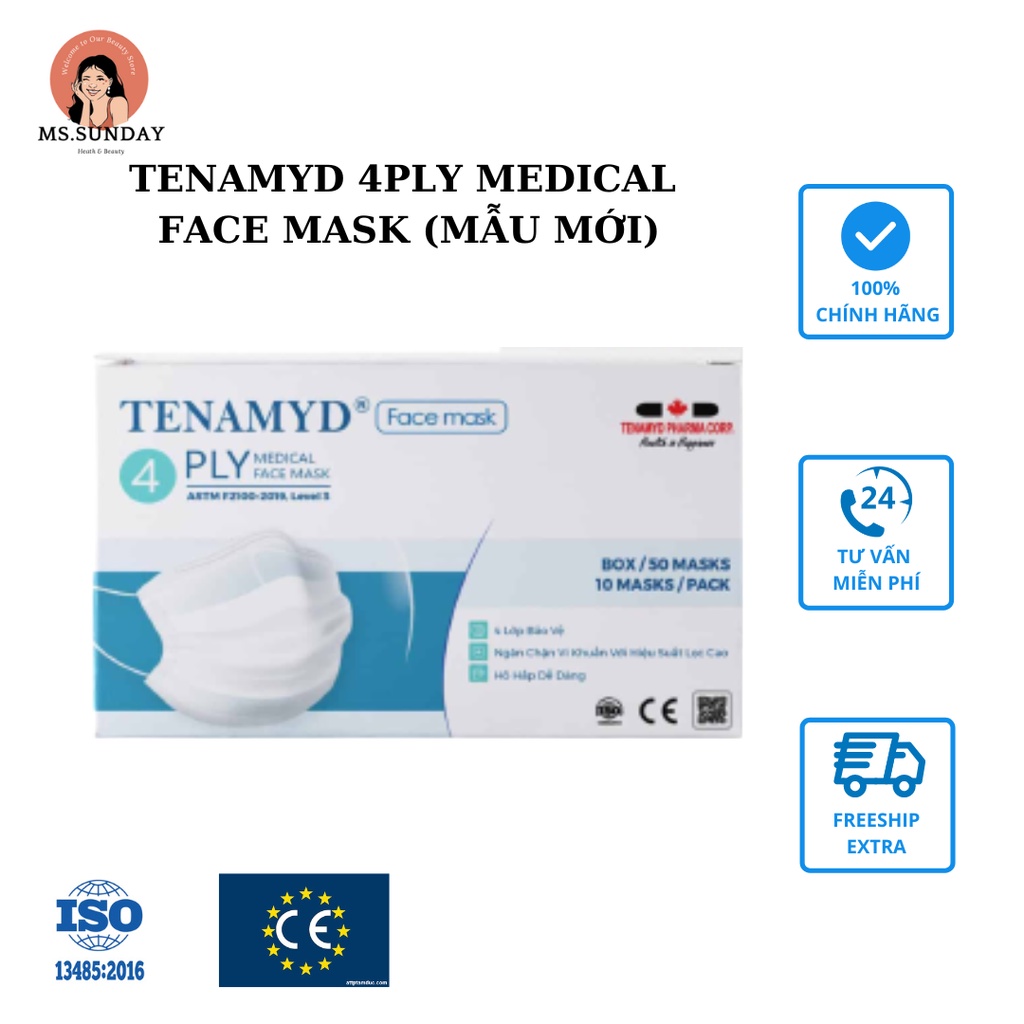 KHẨU TRANG Y TẾ 4 LỚP màu trắng- TENAMYD- hiệu suất lọc đạt chuẩn của Type IIR, ASTM 3 - lọc khuẩn, bụi và chất độc