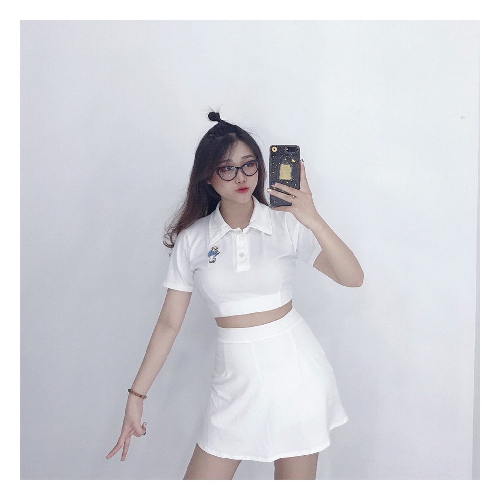 Sét áo kèm chân váy nữ áo croptop cổ sơ mi cái nút phối chân váy mini siêu dễ thương | BigBuy360 - bigbuy360.vn