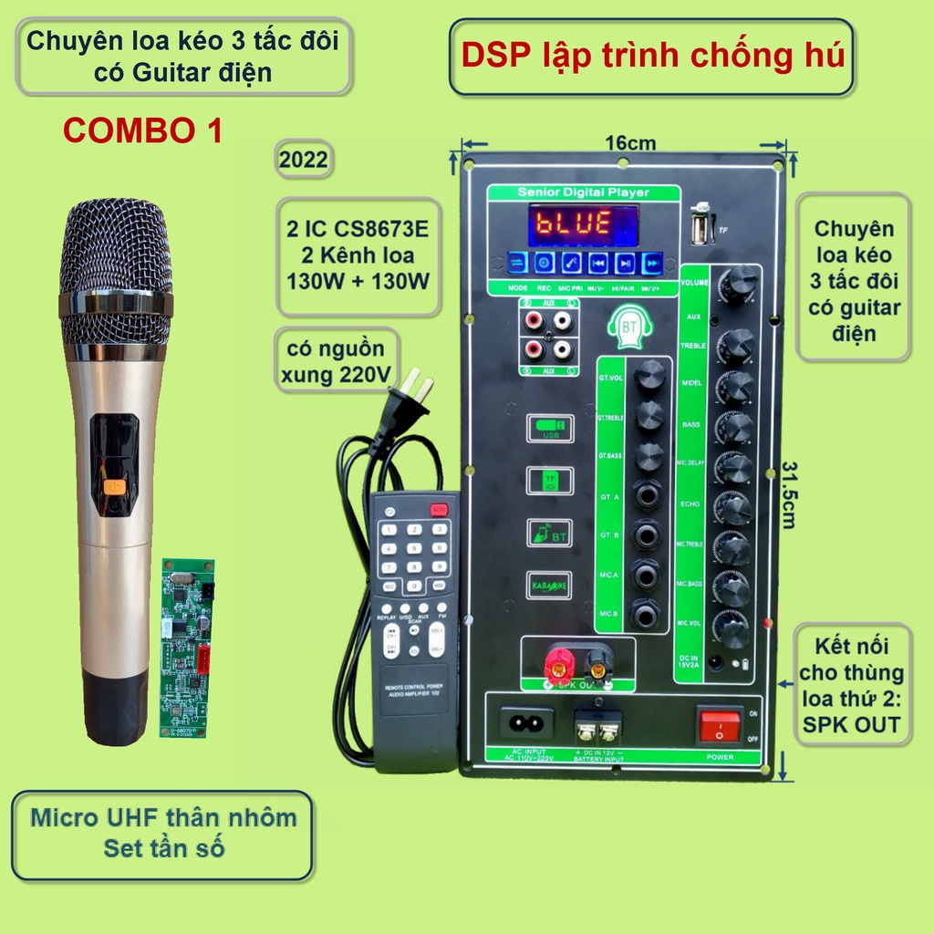 Mạch loa kéo 2 kênh 3 tấc đôi có Guitar điện 2 IC CS8673E 130W + 130W có nguồn xung 220V kèm Micro đơn