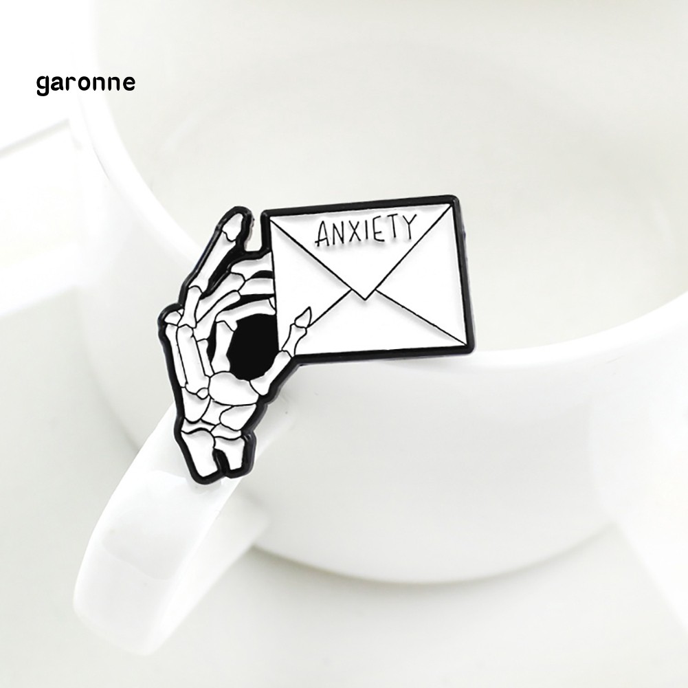 GA_ANXIETY Letter Skeleton Hand Enamel Brooch Pin Men Women Jeans Jacket Jewelry