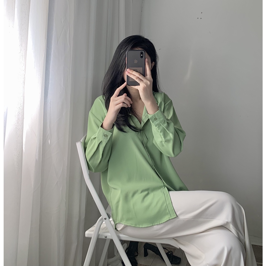 Áo sơ mi nữ dài tay form rộng công sở chất đẹp màu xanh bơ, xanh cốm kiểu Hàn Quốc AAS446