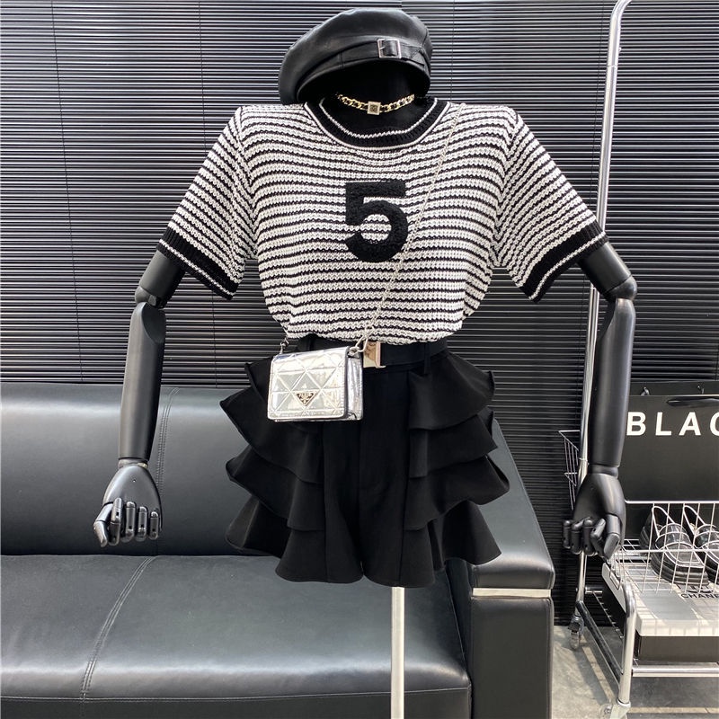 Fashion suit women's summer 2022 loose striped sweater knitted T-shirt short sleeve + black shorts skirt two piece set fashion