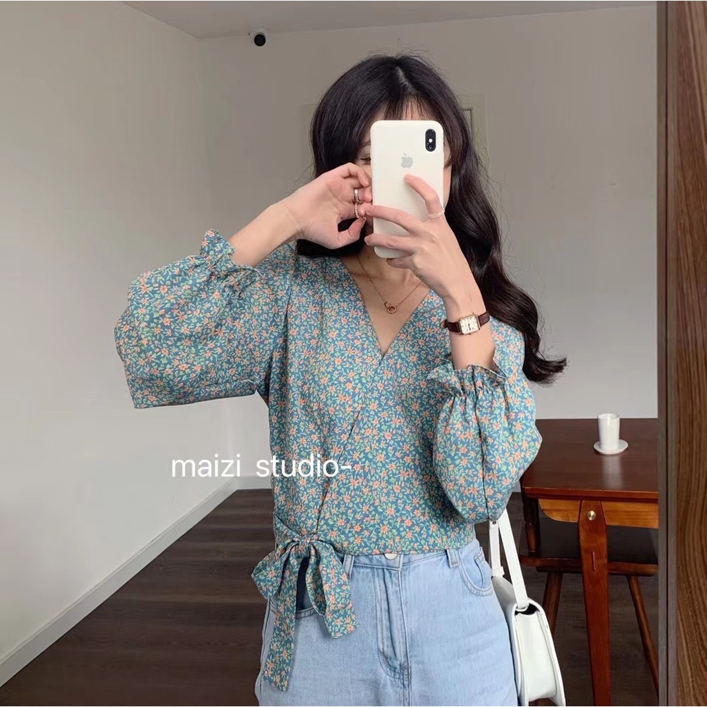 Áo Sơ Mi Kiểu Nữ Tay Dài hoa nhí cổ V nơ eo dễ thương ulzzang phong cách Hàn Quốc LICA - A29