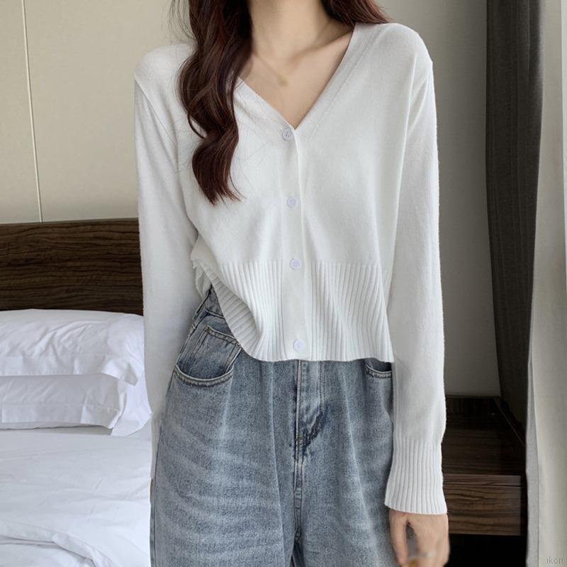 Áo cardigan dệt kim tay dài cổ chữ V màu sắc thanh lịch