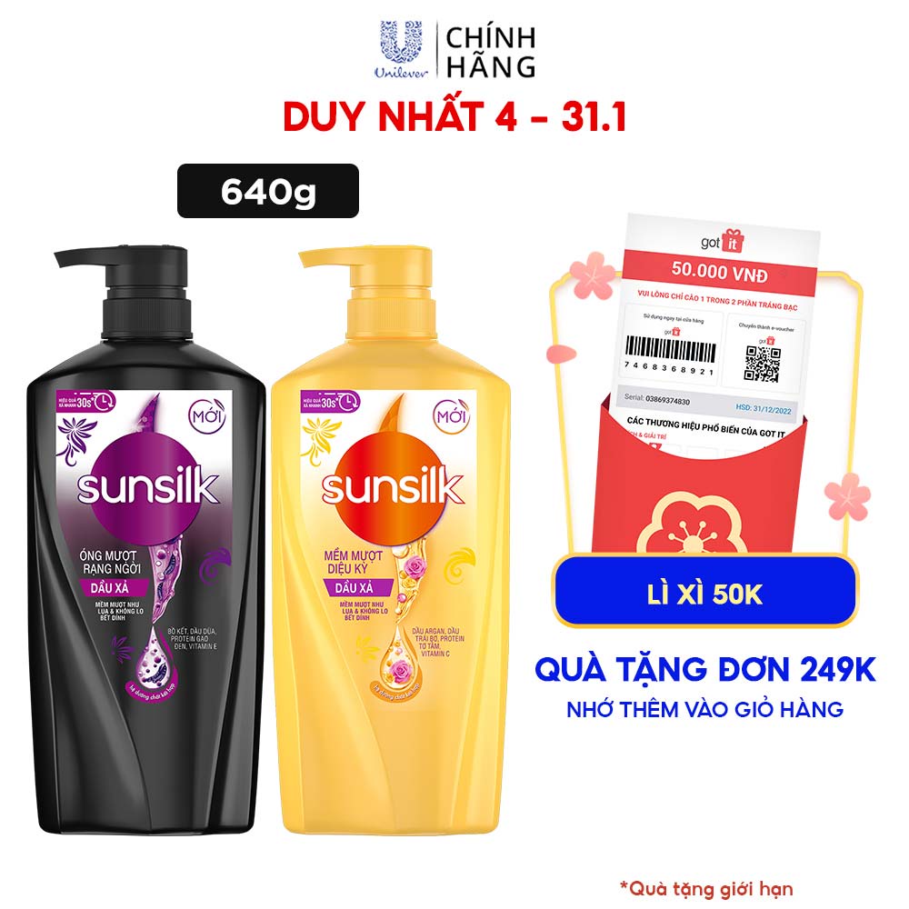 Dầu xả Sunsilk 640g giúp tóc mềm mượt, không lo bết dính với dưỡng chất thiên nhiên