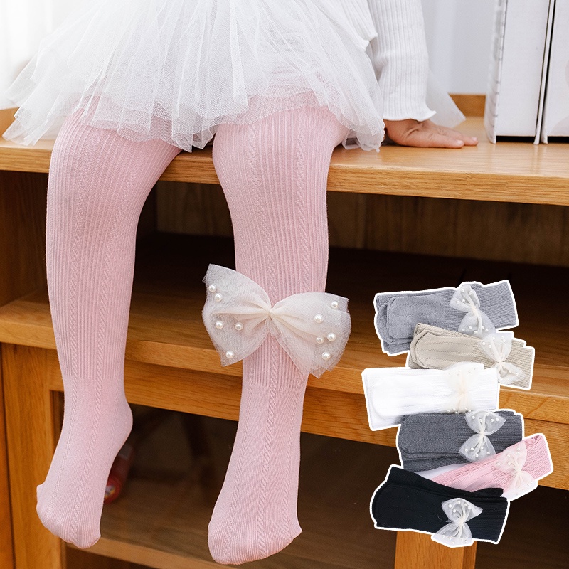 Vớ cotton Phối Ren Đính Nơ Ngọc Trai Thời Trang Xuân Thu Cho Bé Gái