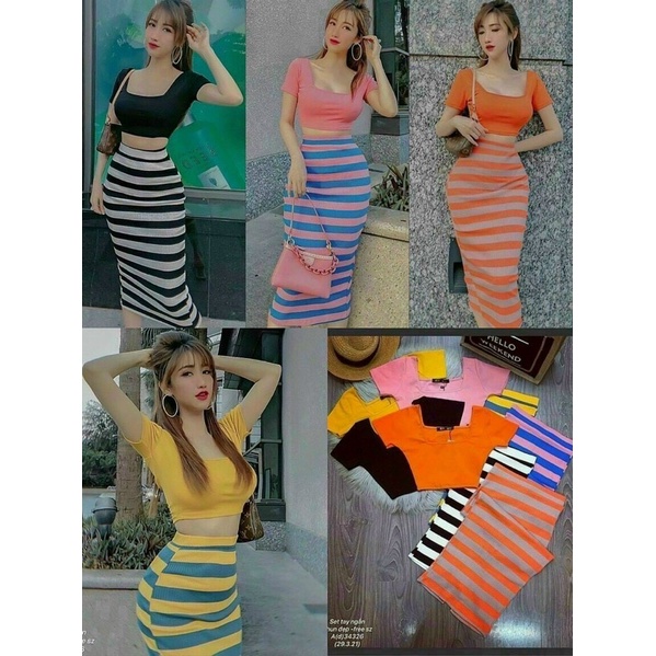 Set áo croptop ổ u và chân váy body kẻ sọc dáng dài