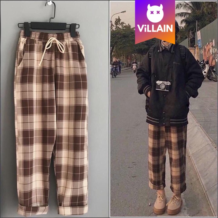 Quần Baggy ỐNG Rộng Co Giãn Caro Ống Suông Thun Unisex Nam Nữ Lamode - Villain