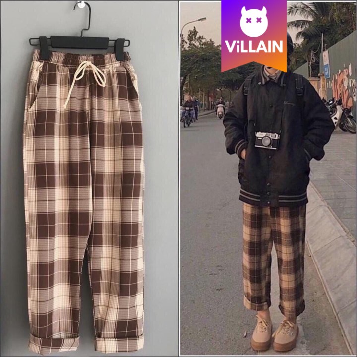 Quần Baggy Caro Plaid Ống Suông Rộng Unisex Nam Nữ - Villain