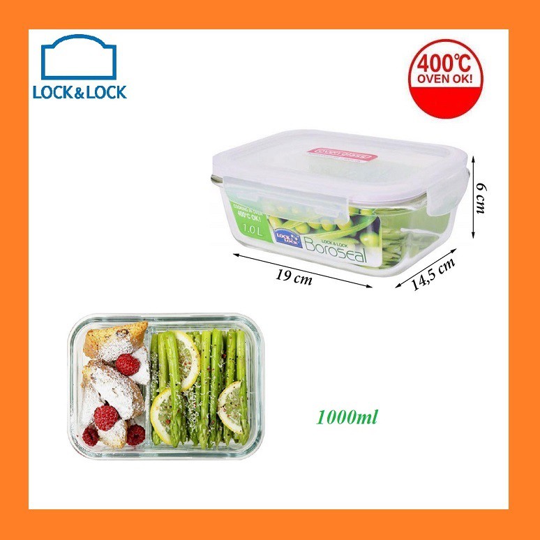 [ LLG445 ] thố thủy tinh 2 ngăn Lock&amp;Lock 1000ml - [ LLG429D ] hộp đựng thực phẩm chữ nhật 700ml chịu nhiệt 400 độ C