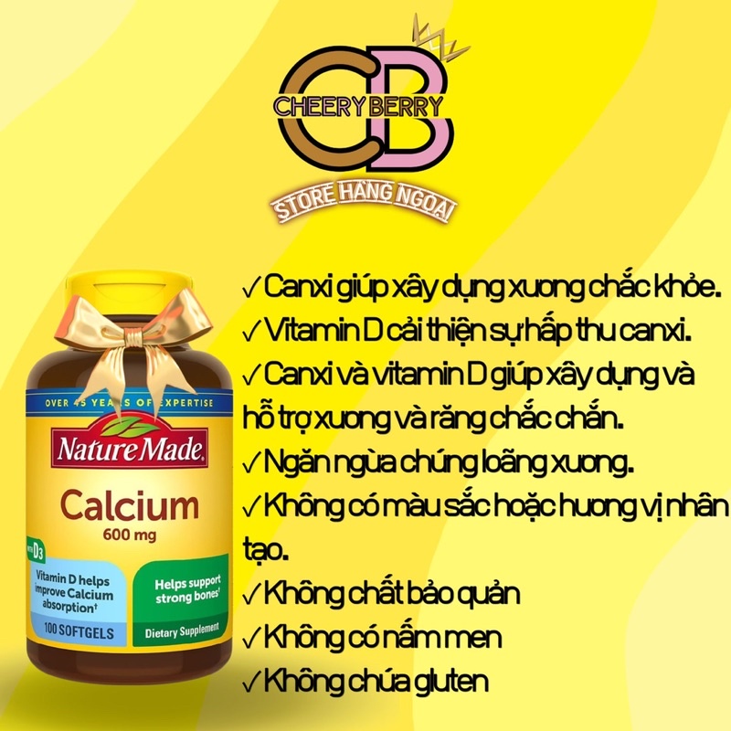 Viên Uống Nature Made Calcium 600mg + Vitamin D3 100 viên - USA 🇺🇸