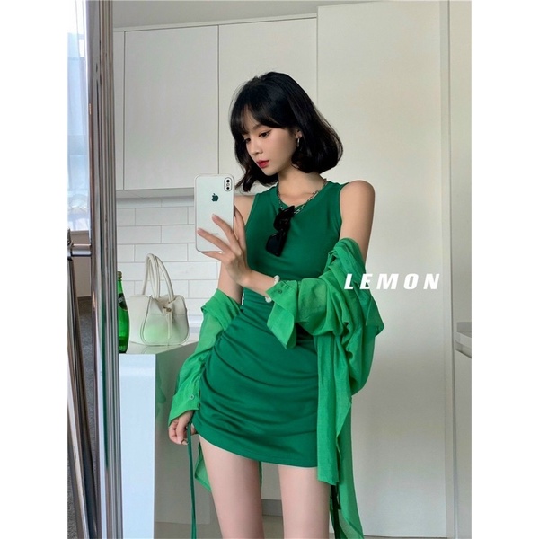 SET ĐẦM XANH NHÚN RÚT DÂY HÔNG KÈM KHOÁC SƠ MI