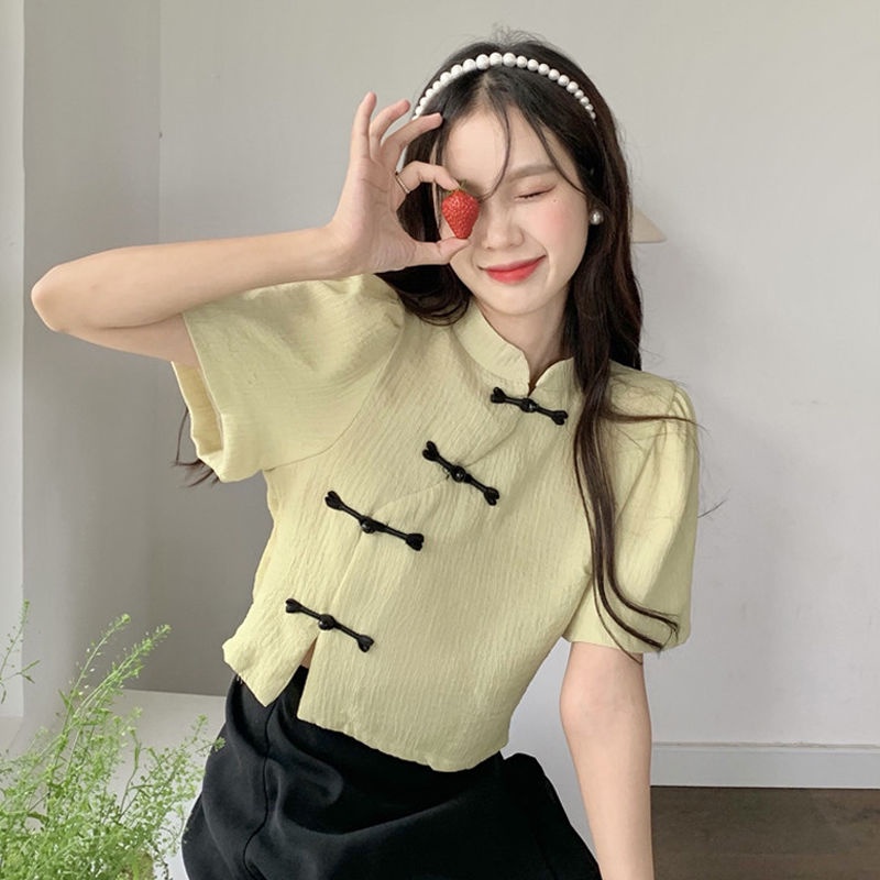 Giới Hạn Thời Gian Khuyến Mãi Áo Sơ Mi Ngắn Tay Phồng Đính Đĩa Tròn Phong Cách Trung Hoa Nhẹ Nhàng Cá Tính Thời Trang Mùa Hè Cho Nữ