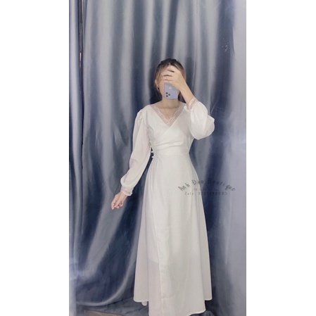 Váy Trắng Cuới Tay Dài Viền Ren Tà Đắp Chéo Kết Ngọc Dự Tiệc Size S M L V00207 Cho Cô Dâu AĐ BOUTIQUE