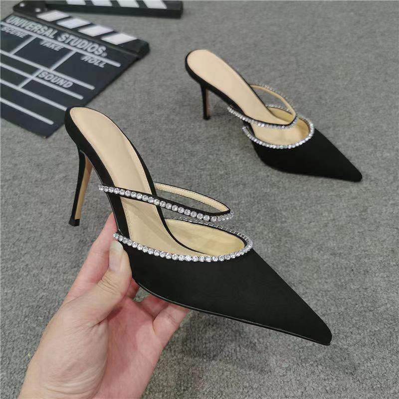 ▲۩Spring/Summer 2021 new high heels female temperament outer wear half slippers Baotou stiletto pointed toe women s shoes with rhinestone sandals and