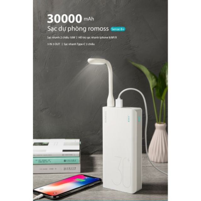 Sạc Dự Phòng Romoss Sense 8 Plus 30000mah Quick Charge 3.0 PD 18W 3 Cổng Sạc Vào