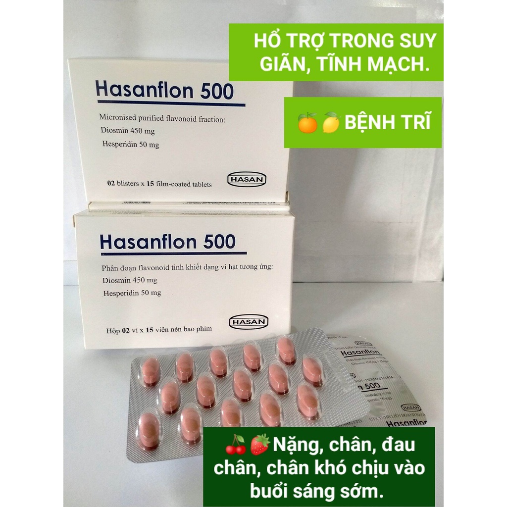 Vien uống HASANFLON 500 Hộp 30 viên giúp bền vững thành mạch hỗ trợ cho người bị suy giãn tĩnh mạch, bệnh trĩ..