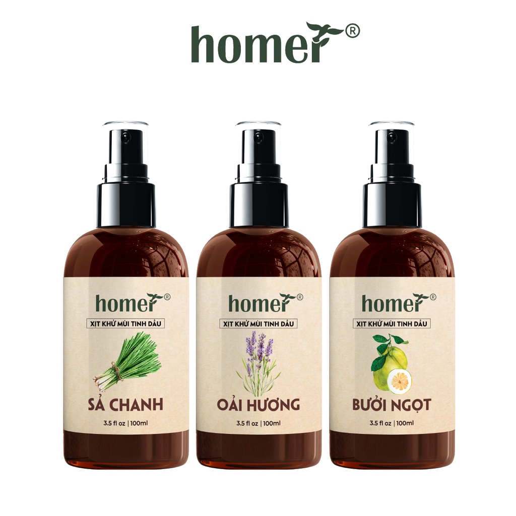 Combo 3 xịt khử mùi thơm phòng thơm phòng Sả Chanh + Oải Hương + Bưởi Ngọt Homer 100ml/ chai