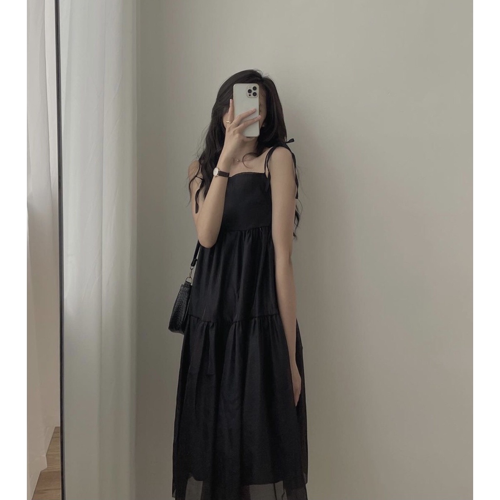 [Ảnh thật] Váy 2 dây babydoll voan tầng thắt nơ vai 2 lớp ulzzang - Đầm hai dây maxi dáng xòe 3 tầng