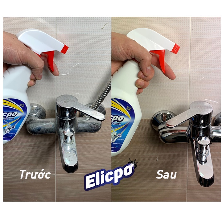 Siêu tẩy cặn nhà tắm, nhà vệ sinh, trên vòi rửa inox , vách kính, lavabo tẩy cặn canxi Elicpo chính hãng dạng xịt