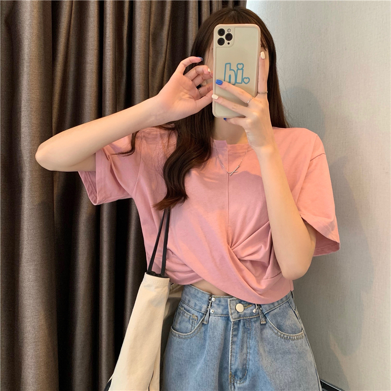 Áo kiểu nữ đẹp tay ngắn 2021, áo bánh bèo tiểu thư màu trắng đen cổ tròn vắt chéo sang chảnh thời trang hàn quốc